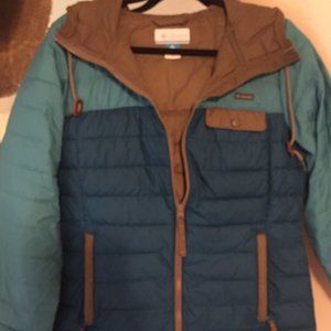 COLUMBIA Hood Down Jacket. Two Tone Blue with Brown Trim. Size Medium.